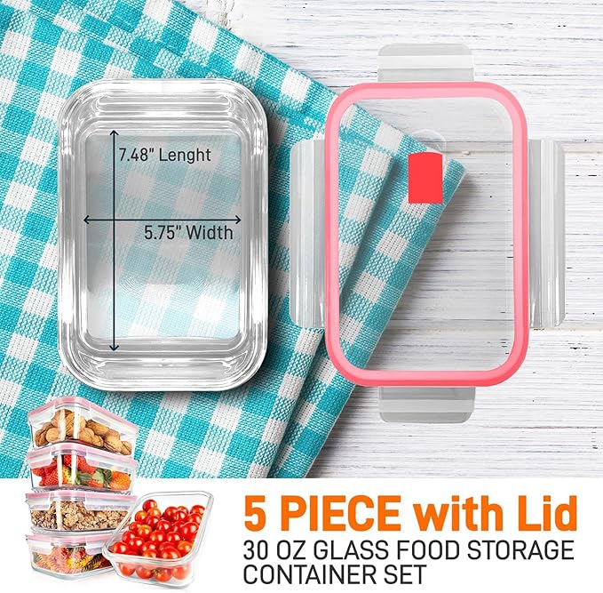 Nutrichef 10-Piece Glass Food Containers - Stackable Superior Glass Meal-prep Storage Containers, Newly Innovated Leakproof Locking Lids w/Air Hole, Freezer-to-Oven-Safe (Red)