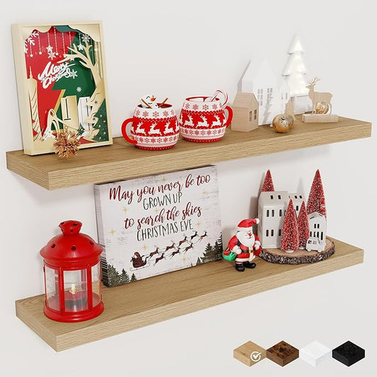 Fun Memories Floating Shelves for Wall, 27.5" Rustic Wood Deep Wall Mounted Shelves with Invisible Brackets for Decor & Storage, Floating Shelf for Living Room, Bathroom (Oak, Set of 2)