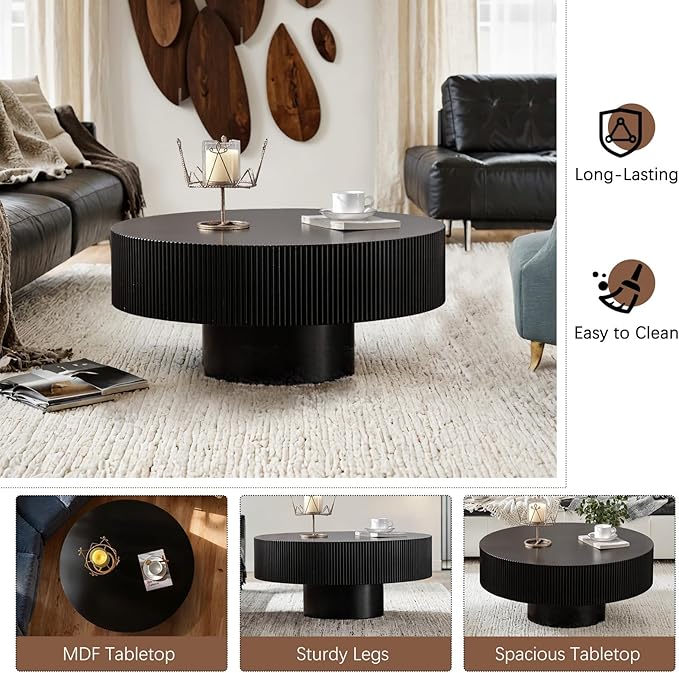 30.91" Round Drum Coffee Tables Modern Handcraft Drum Coffee Table Circle Coffee Table with Sturdy Pedestal, Fluted Wood Coffee Tables Accent End Table for Living Room,Black Thickened