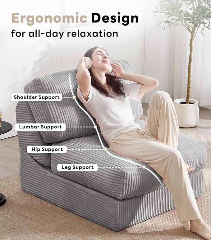 Tbfit 35.8'' Folding Sofa Bed, Convertible Sleeper Chair with Large Pillow, Corduroy Folding Couch Bed, Portable & Foldable Mattress Boneless Floor Sofa Set of 2, Grey