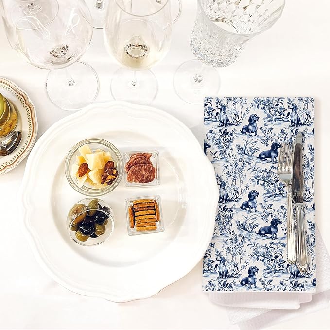 Blue Chinoiserie Dachshund Kitchen Towels, Gifts for Dachshund Lovers, Blue and White Sausage Weiner Dog Dish Tea Towels, Grandmillennial Doxie Dog Hand Towel for Bathroom Kitchen, 16x24 Inch