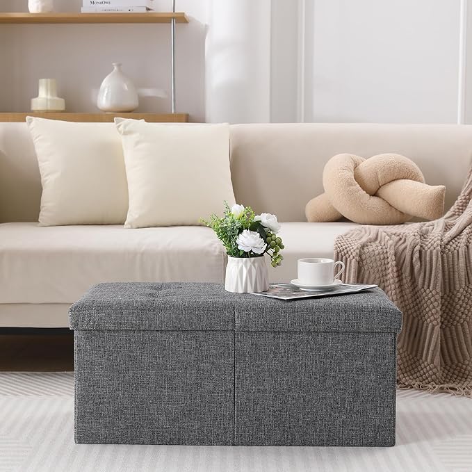 CUYOCA Storage Ottoman Bench Foldable Seat Footrest Shoe Bench End of Bed Storage with Flipping Lid, 75L Storage Space, 30 inches Linen Fabric Dark Grey