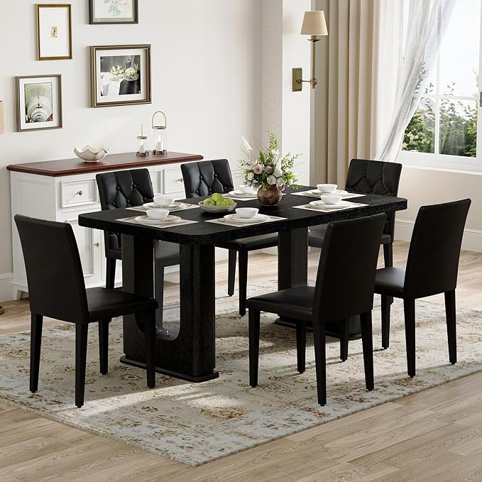 Dining Room Table for 6 - Black Faux Marble Dining Table with 1.7-Inch Thick Seamless Tabletop and Dual Pedestal Base,64.5'' Mid Century Modern Dining Table Ideal for Kitchen,Home Office