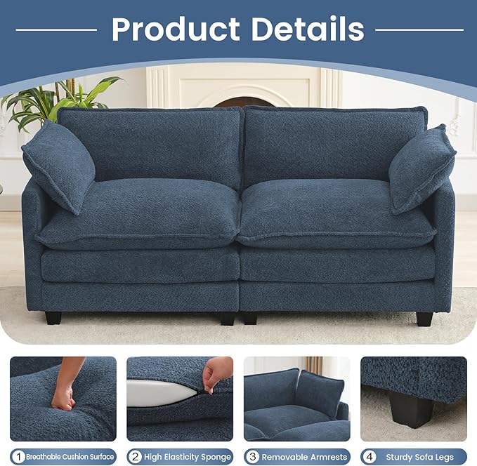 ROWHY Modular Loveseat Sectional Sofa, 78" Upholstered Loveseat, 2 Deep Seat Sofa Couch with 2 Throw Pillows for Small Space, Modern Comfy Cloud Couch for Living Room, Chenille, Royal Blue