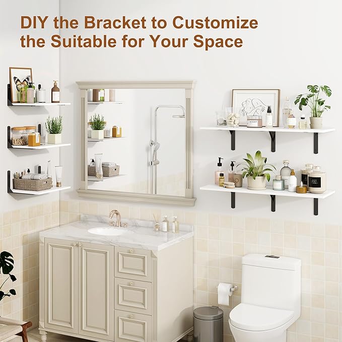 16" W x 12" D White Floating Shelves for Wall, 12 Inch Deep Floating Shelf with Visible Bracket, Rustic Wood Bookshelf Wall Mounted, Deep Bathroom Shelves for Storage, Set of 2