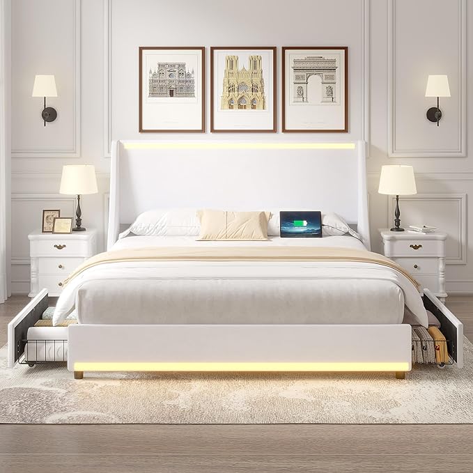 VECELO Queen Size Bed Frame with Storage Drawers, Upholstered Platform Bedframe with Wingback Headboard, No Box Spring Needed, White