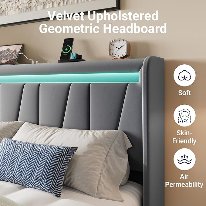 Allewie Queen Size LED Bed Frame with Charging Station, Velvet Upholstered Platform Bed with Geometric Wingback Headboard, Modern Frame with No Box Spring Needed, Easy Assembly, Grey