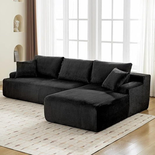Sectional Cloud Couch for Living Room L Shaped Couch with 3 Seat Ind. Chaise Longue Corduroy Fabric Boneless Modular Modern Sofa with Pillows for Apartment and Small Space