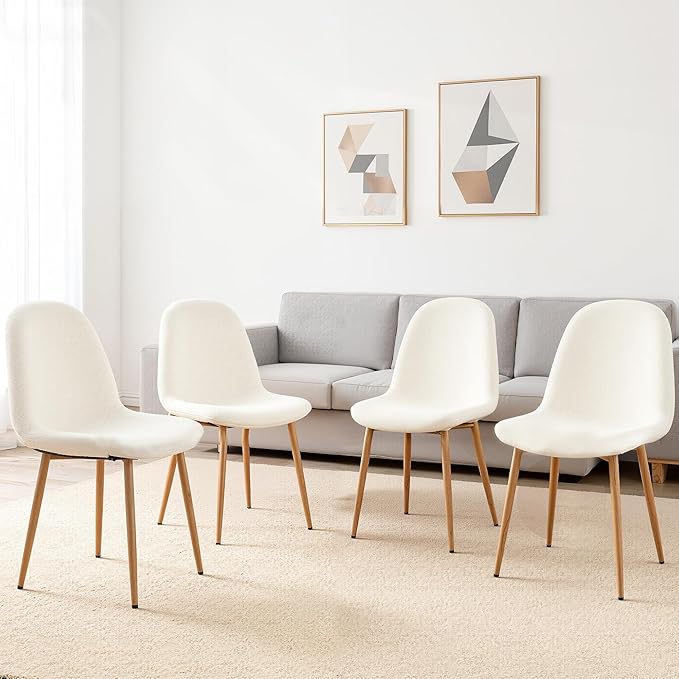 Howtek Mid-Century Modern Dining Chairs Set of 4, Plush White Teddy Fleece Upholstered Kitchen Side Chairs with Backrest & Metal Legs for Dining Room, Living Room, Apartment