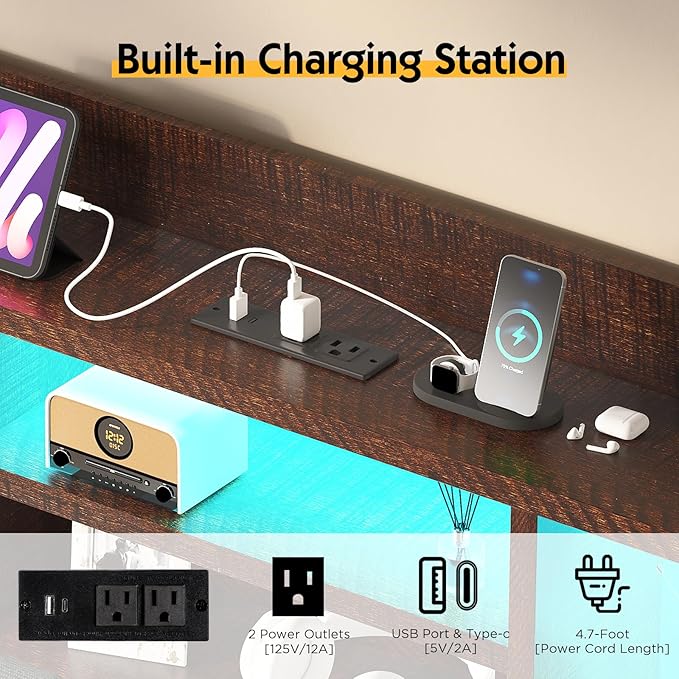 Full Farmhouse Bed Frame with Bookcase Headboard and 4 Drawers, LED Storage Bed with Charging Station & Linen Upholstered, No Box Spring Needed, Reclaimed Barnwood