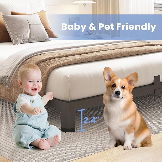 ROIL 4 inch Metal Queen Bed Frame with Rounded Corner Mattress Retainers 3500LBS Heavy Duty Steel Slats No Box Spring Needed Platform Noise-Free Easy Assemble