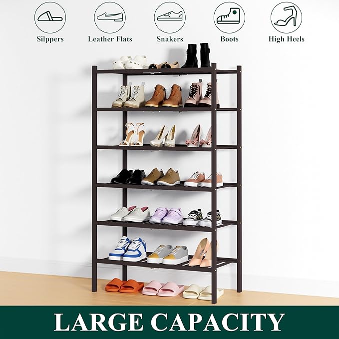 Smiry Shoe Rack, 6 Tier Thick Bamboo Shoe Organizer, Stackable Free Standing Wooden Shoe Storage Shelf for Closet, Entryway, Front Door Entrance, Brown