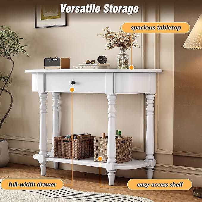 HMFULE Retro Curved Console Table, 36" Solid Wood Half Moon Console Table Sofa Table Entryway Table with 1 Drawer 1 Open Shelf Roman Legs Curved Corners for Living Room,Entryway,Hallway,White