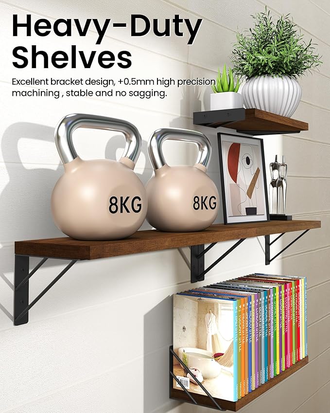 BAYKA Floating Shelves for Wall, Book Shelf for Bedroom, Decor Shelves for Living Room Kitchen, Mounted Wood Floating Shelf for Home Decor, Corner Shelf for Bathroom, Office(Dark Brown,Set of 4)
