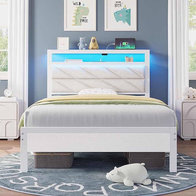 Seventable Bed Frame Twin Size with Charging Station, LED Bed with Upholstered Storage Headboard, Metal Platform Bed with Under Bed Storage, No Box Spring Needed, Noise Free, Easy Assembly, White