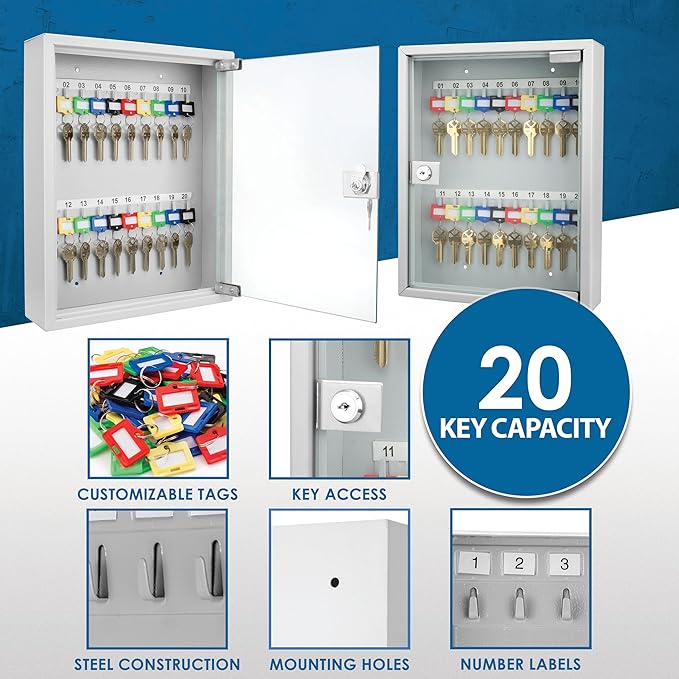 Barska Key Lock Box with Glass Door – Wall Mount Steel Key Cabinet Organizer with Labeled Hooks and Colored Key Tags for Home, Office, Property Management