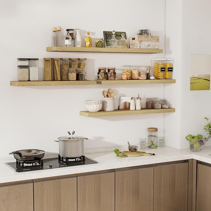 Fun Memories 48 Inch Floating Shelves for Wall 8 Inch Deep Oak Shelves Set of 2, Wall Mounted Rustic Wood Long Floating Shelf, Large Display & Storage Shelf with Invisible Brackets