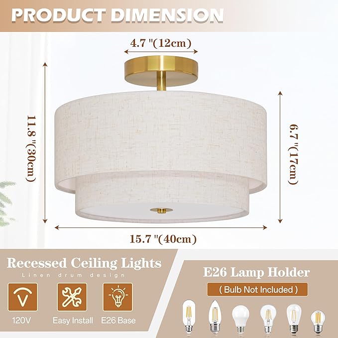 3 Light Semi Flush Mount Ceiling Light Fixture 15.7 Inch Modern Gold Drum Ceiling Light Fixture with 2-Layer Fabric Shade Dimmable Close to Ceiling Light for Living Room Hallway Bedroom Entryway