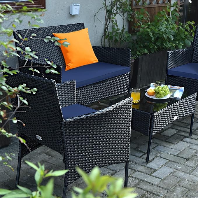 Tangkula 8 Pieces Patio Furniture Set, Outdoor Wicker Conversation Set with Tempered Glass Tabletop, Rattan Sofa and Chairs Set with Off White & Navy Cushion Covers