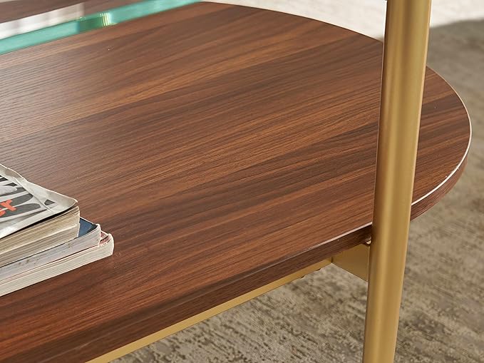 Shrine Oval Coffee Table, Mid-Century Modern Design, 2-Tier Structure, Clear Glass Top and Walnut MDF Shelf, 47" D x 21" W x 17" H, Sleek Conical Metal Legs with Gold Finish