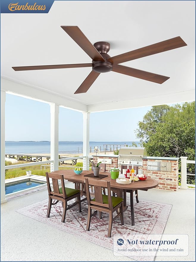 60 Inch Low Profile Ceiling Fan no Lights, Brown Farmhouse Ceiling Fan without Light, 6-Speeds, Quiet Reversible DC Motor, Indoor/Outdoor Ceiling Fans for Patio, Living Room, Bedroom