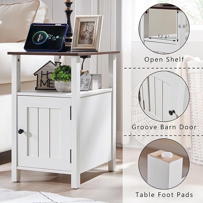 Farmhouse Nightstand Set of 2, End Table with Charging Station, Rustic Side Table w/Barn Door & Open Shelves, Bedside Table w/Storage Space and Storage Cabinet for Bedroom, Living Room (White)