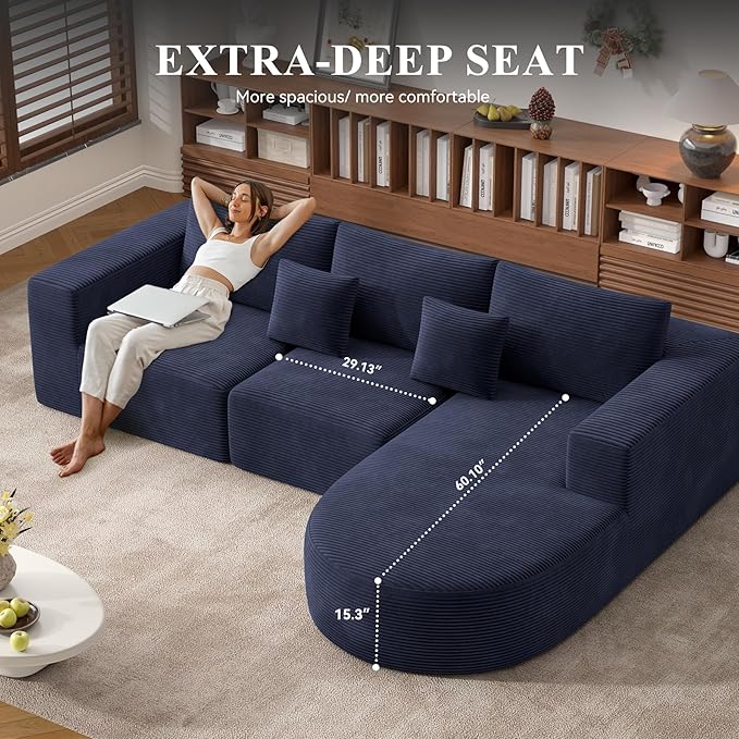 Boneless Couches for Living Room,Modular Sectional Sofa with Ottoman,Cloud Couch in a Box,Sponge Compression U Shaped Sofas with Chaise No Assembly Required(Blue-Corduroy Fabric) 1pcs