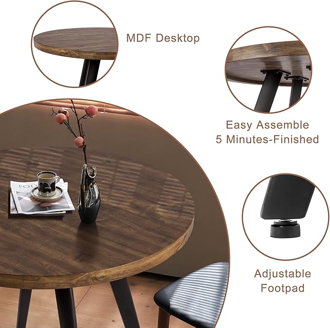 Round Dining Table, Small Dining Table for 2, 31.5" Round Table, Mid-Century Modern Kitchen Table with 1.4" Thickness Wood Grain Tabletop for or Small Space, Dining Room, Kitchen, Rusty Brown