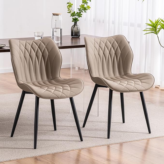 Kidol & Shellder Dining Chairs Set of 2 Modern Kitchen Chairs with Back Armless Accent Chairs for Living Room Upholstered Faux Leather Chair Mid Century Comfy Side Chair with Metal Legs, Khaki