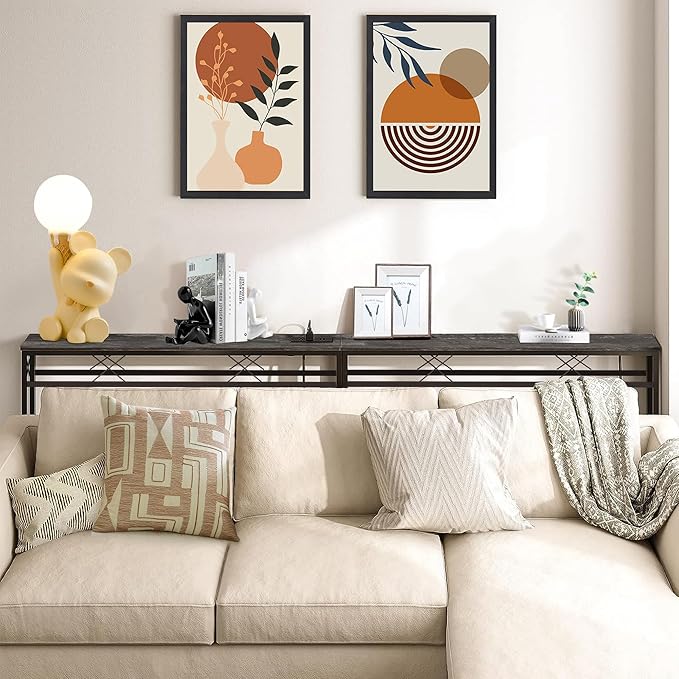 VECELO 71In Extra Long Narrow Sofa/Console Table with Charging Station & Power Outlet and USB Ports, for Entryway, Living Room, Office, Industrial, Dark Grey