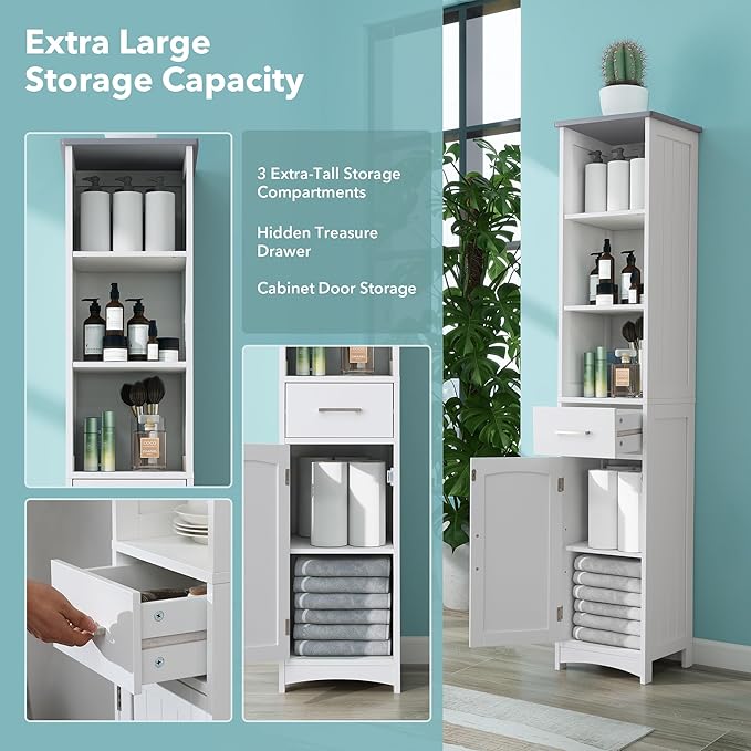 Tall Bathroom Storage Cabinet - 13" Narrow Slim Cabinet with Adjustable Shelves & Anti-Fall Drawers, Freestanding Linen Closet Organizer (Matte White & Grey Top, 64" Tall Cabinet with Doors)