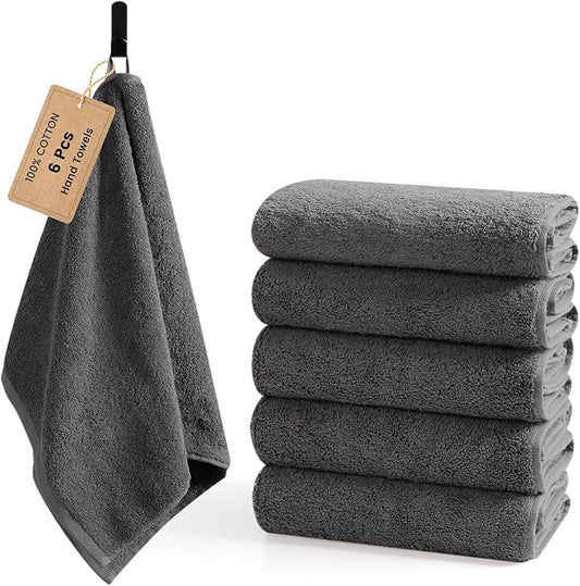 SEMAXE 6-Pack Gray Hand Towels - 27"x16" 100% Cotton Bathroom Towels with Hanging Loops, Oeko-Tex Certified, Soft & Absorbent, Gift-Ready Packaging