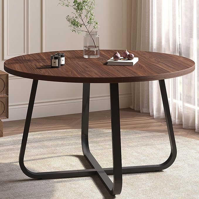 LVB Round Dining Table, Modern Wood Metal Kitchen Tables, Industrial Small Dinner Room Table for 4 to 6 People, Circle Coffee Dining Room Tables for Home Kitchen Living Room, Walnut, 51 Inch