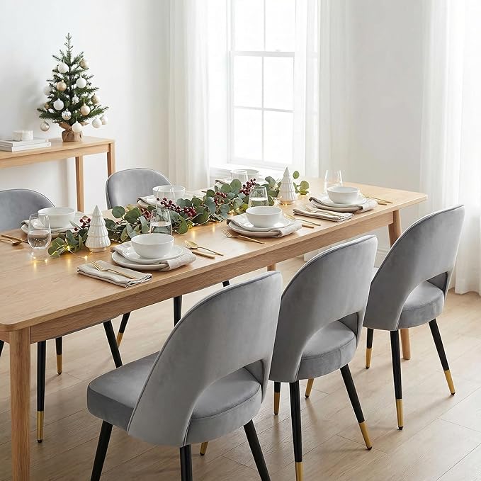 LukeAlon Classic Velvet Dining Chairs Set of 4, Upholstered Open Back Kitchen Chairs with Metal Legs Armless Side Chairs Mid Century Dining Chair for Dining Room, Grey