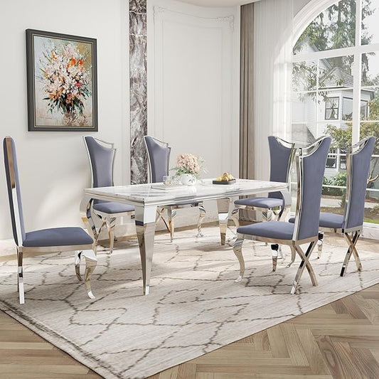 7-Piece Dining Table Set for 6, Modern Dining Room Set with 70'' Marble Dinner Table and 6 High-Back Upholstered Chairs, Stainless Steel Legs Table & Chair Set for Kitchen, Gray & Silver