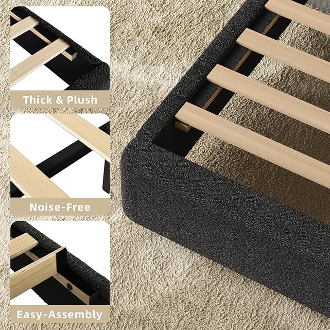 HOMBCK Twin Bed Frames with Headboard, Twin Size Boucle Upholstered Bed Frame for Kids, Soft Rounded Corners, Wooden Slats Support, No Box Spring Required, Easy Assembly, Black