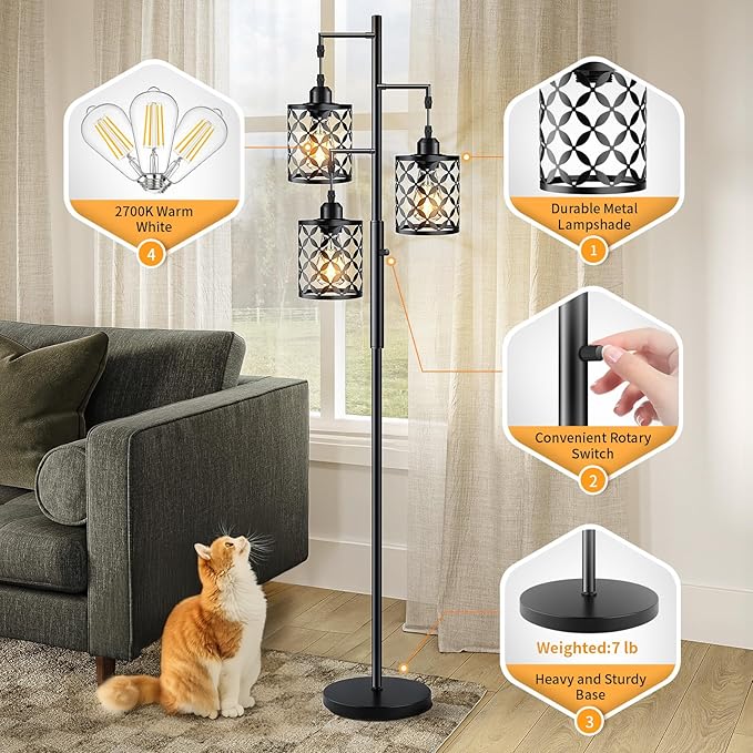 【Upgraded】72" Tall Dimmable Floor Lamp, Farmhouse Standing Lamp with Elegant Metal Cages, Industrial Tree Floor Lamps for Living Room, Bedroom, Study Room, Office (3 x 800LM LED Bulbs Included) -Black