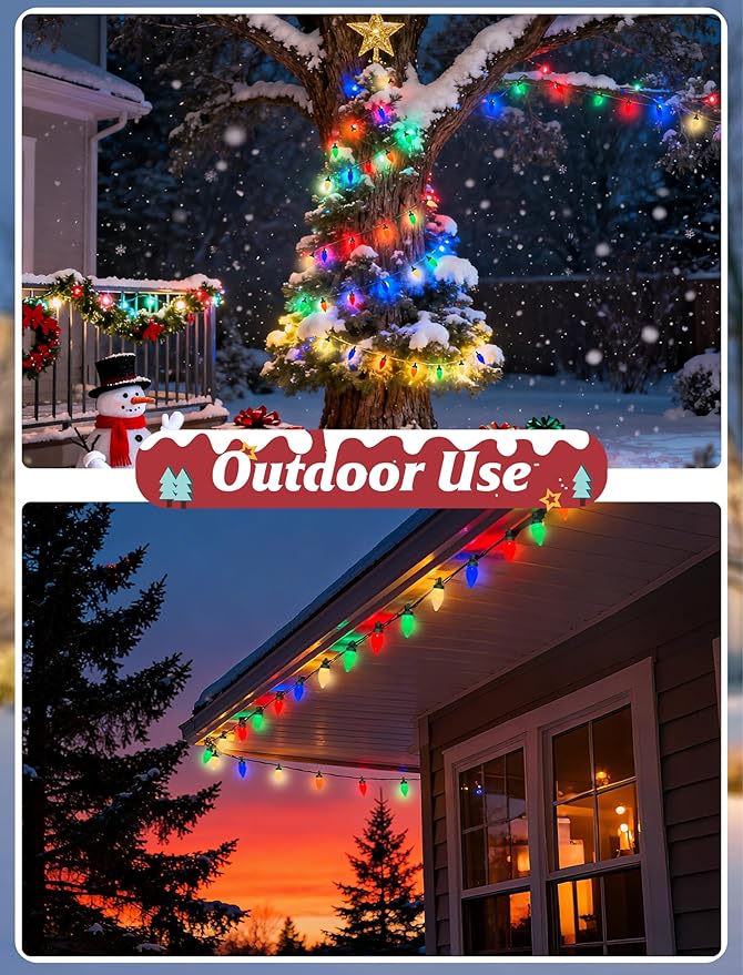 C7 LED Christmas String Lights,26FT Outdoor Christmas Lights with 50 LED Xmas Colorful Warm White Bulbs,Vintage Xmas Lights Outdoor Decorate Tree/Garden/Party/Room