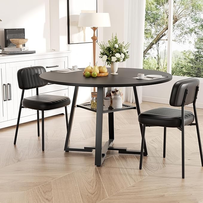Round Dining Table for 4-6 People,47 Inch Dining Room Table,Modern Circle Kitchen Table with Storage Shelf and Metal Legs for Dining Room,Kitchen,Black (Table Only)