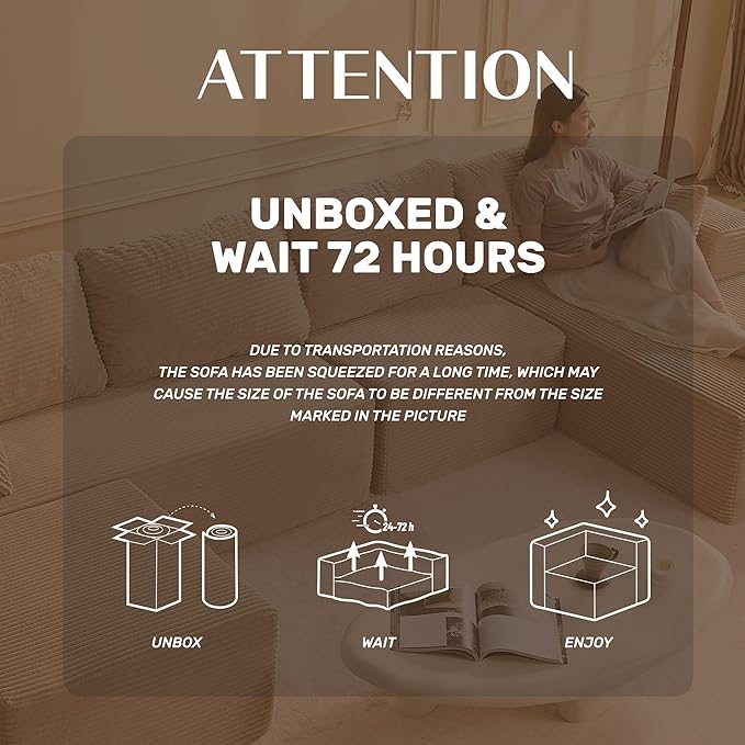 138" Boneless Couch with Deep Seat, Modular Sectional Sofa, Cloud Sectional Couch for Living Room, No Assembly Required, Corduroy, U-Shape 4 Seater Right, Camel