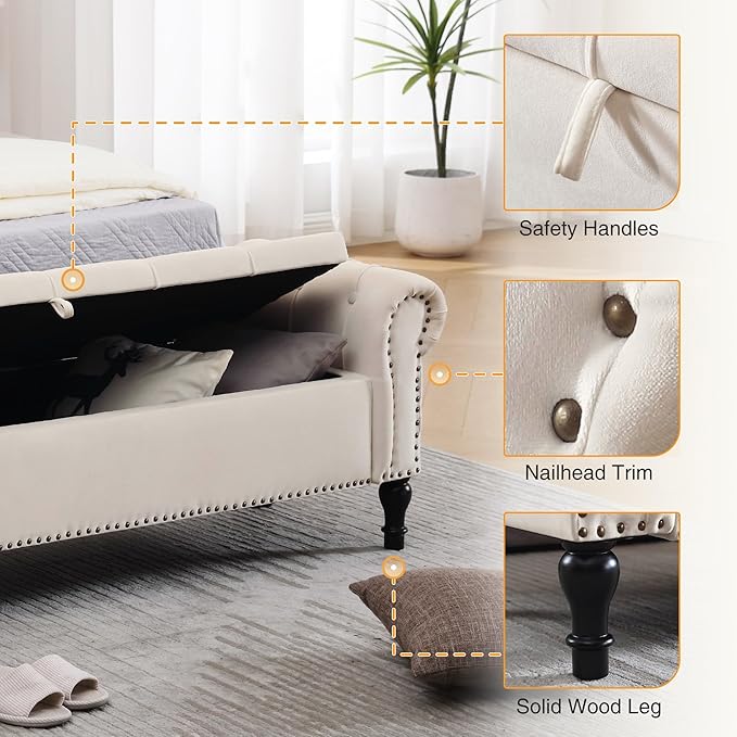 Storage Bed Bench for Bedroom, Velvet 67" End of Bed Benches, King Size Bench with Armrest, Tufted Button Upholstered Ottoman Bench for Living Room, Entryway, Cream Beige
