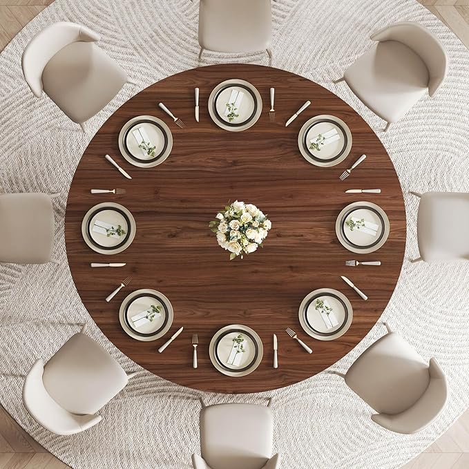 LVB 60-Inch Round Dining Table, Modern Wood Metal Kitchen Tables, Industrial Large Dinner Room Table for 6 to 8, Circle Dining Room Tables for Home Kitchen Living Room, Walnut