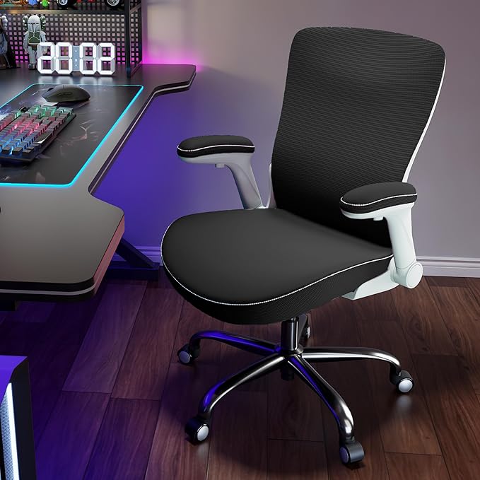 Office Home Ergonomic Desk Chair-Computer X-Shaped Chair Mesh PU Leather with Adjustable Lumbar Support-Executive Chair High Back Flip-Up Arms for Long Hours (Light Black-No Headrest)