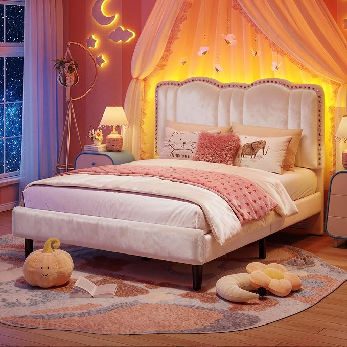 EnHomee Full Size Bed Frame with LED and Velvet Upholstered Headboard, Platform Bed Frame with Height Adjustable Headboard, No Box Spring Needed,Easy Assembly,Cream