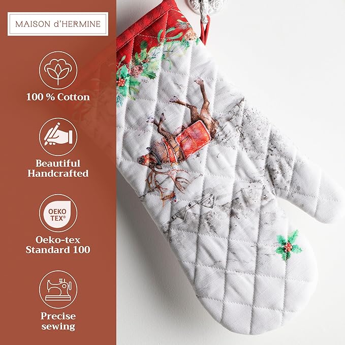 Maison d' Hermine Oven Gloves 100% Cotton Oven Mitt 7" x 13" with Loop Heat Resistant Cooking Gloves for Thanksgiving Christmas Decorations Baking Handling Hot Pans (Pack of 1, Christmas Tradition)