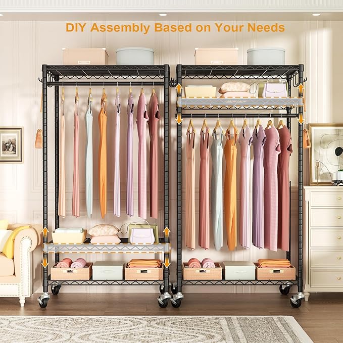 FUTASSI P6 Rolling Clothes Rack Heavy Duty, Clothing Racks for Hanging Clothes, Freestanding Garment Rack with Wheels, Portable Closet Rack Max Load 380 LBS, 35.5'' W x 14'' D x 74.6'' H, Black