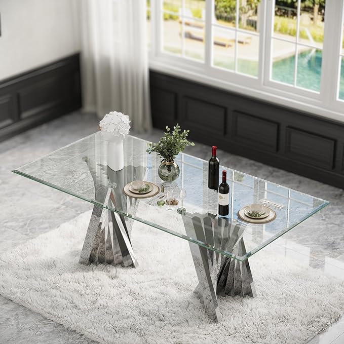 78" Silver Dining Table for 6-8, Modern Kitchen and Dining Table with Tempered Glass Top and Silver Mirrored Stainless Steel Base, Luxury Rectangular Dinner Room Table for Kitchen, Dining Room