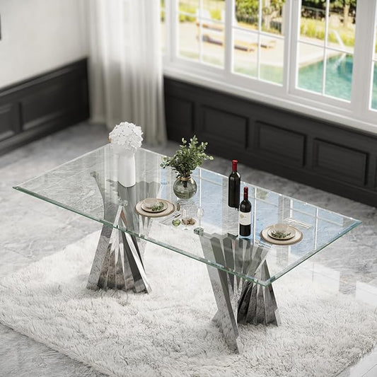 78" Silver Dining Table for 6-8, Modern Kitchen and Dining Table with Tempered Glass Top and Silver Mirrored Stainless Steel Base, Luxury Rectangular Dinner Room Table for Kitchen, Dining Room