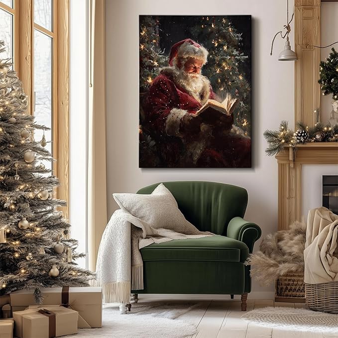 Vintage Santa Claus Reading Canvas Wall Art - Rustic Framed Christmas Canvas Prints for Living Room, Cozy Winter Wall Decor, Ideal Christmas Gifts & Festive Decorations