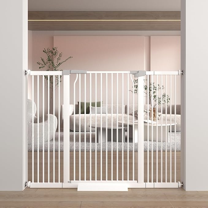 41" Extra Tall Dog Gate for Doorways and Stairs No Drill, Adjustable 40.6-54.7'' Auto Close Pet Gate Indoor, Pressure Mounted Walk Through Swing Wide Baby Gate, Tall Cat Gate with Expansion Kit, White